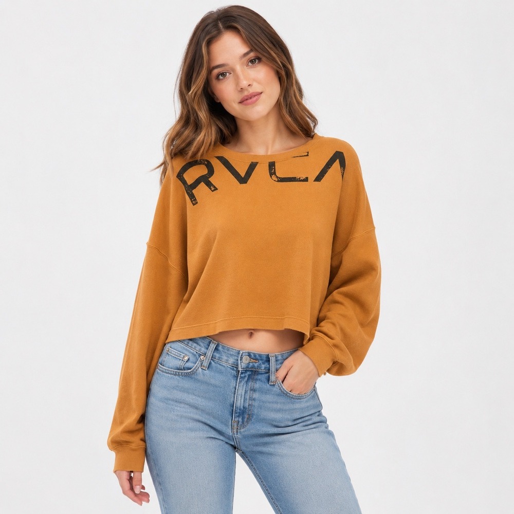 RVCA Pullover Sweatshirt Large Mustard Yellow Cropped Graphic Logo Boxy Fit